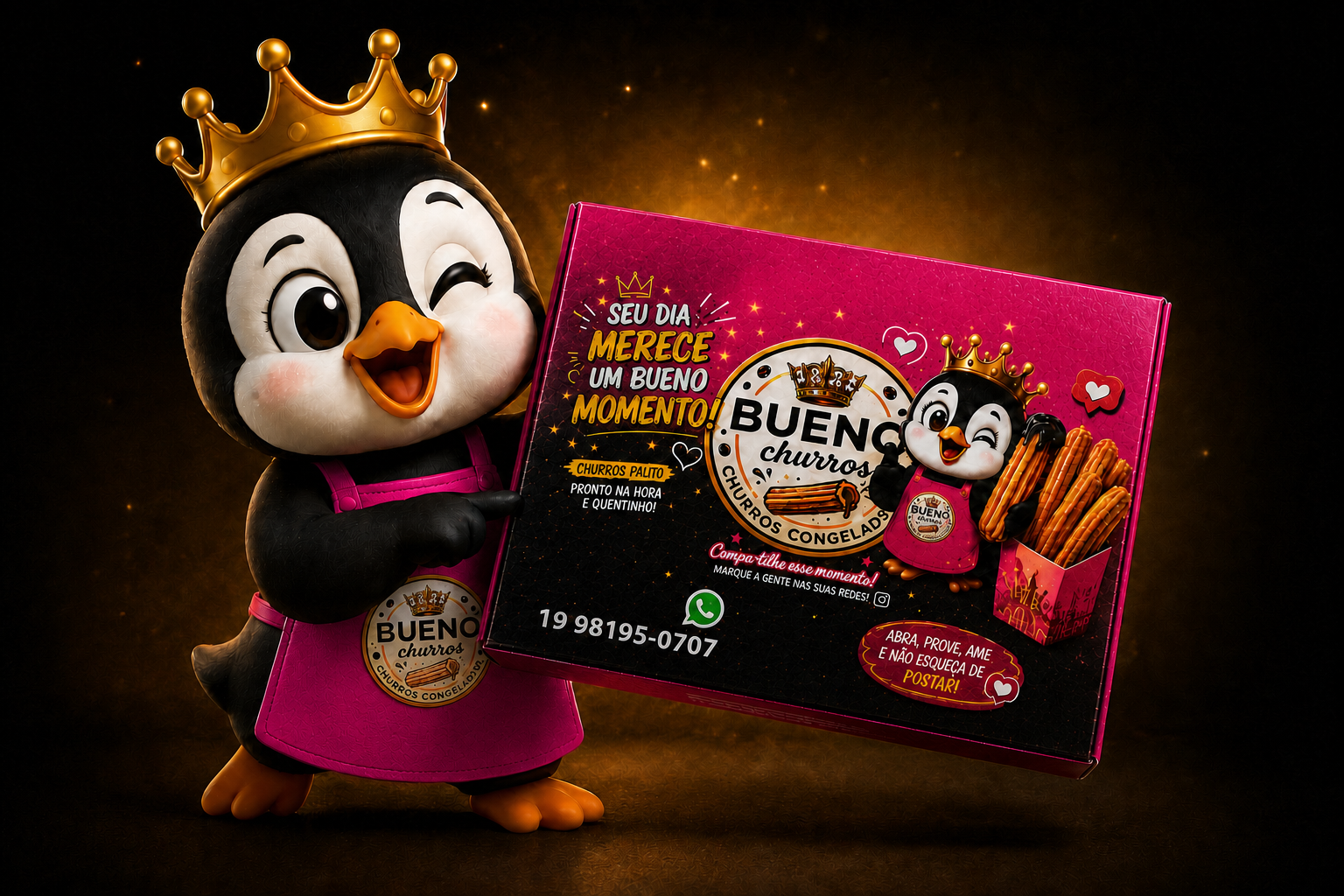 Mascote da Bueno Churros apresentando a caixa rosa da marca